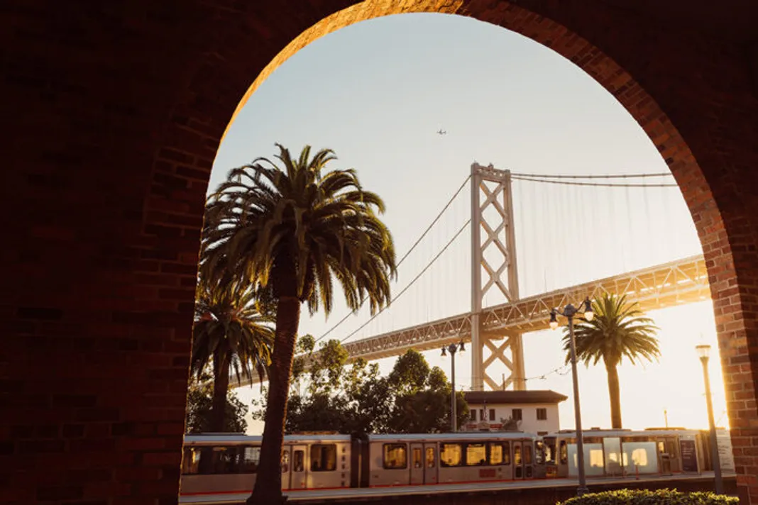 san francisco movie theaters_bay bridge_Embarcadero Muni Metro station_California palm trees